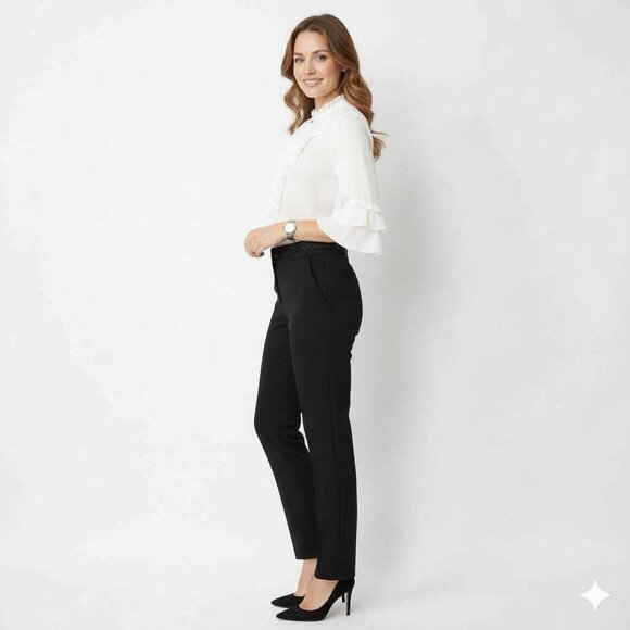 NWT Bay Studio Black Dress Pants Sz 16  Stretch, Beaded Waist Chevron Pattern - Picture 2 of 6